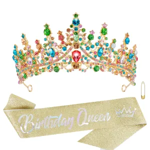 CHANACO Rainbow Color Crystal Birthday Crown Tiaras and Princess Headband for Women, Girls - Birthday Queen Sash, Hair Accessories, Happy Party Decorations