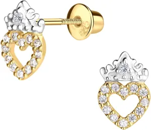 Cherished Moments Girl's Sterling Silver and Gold-Plated Princess Tiara Heart Earrings with Screw Backs for Toddler and Little Girls