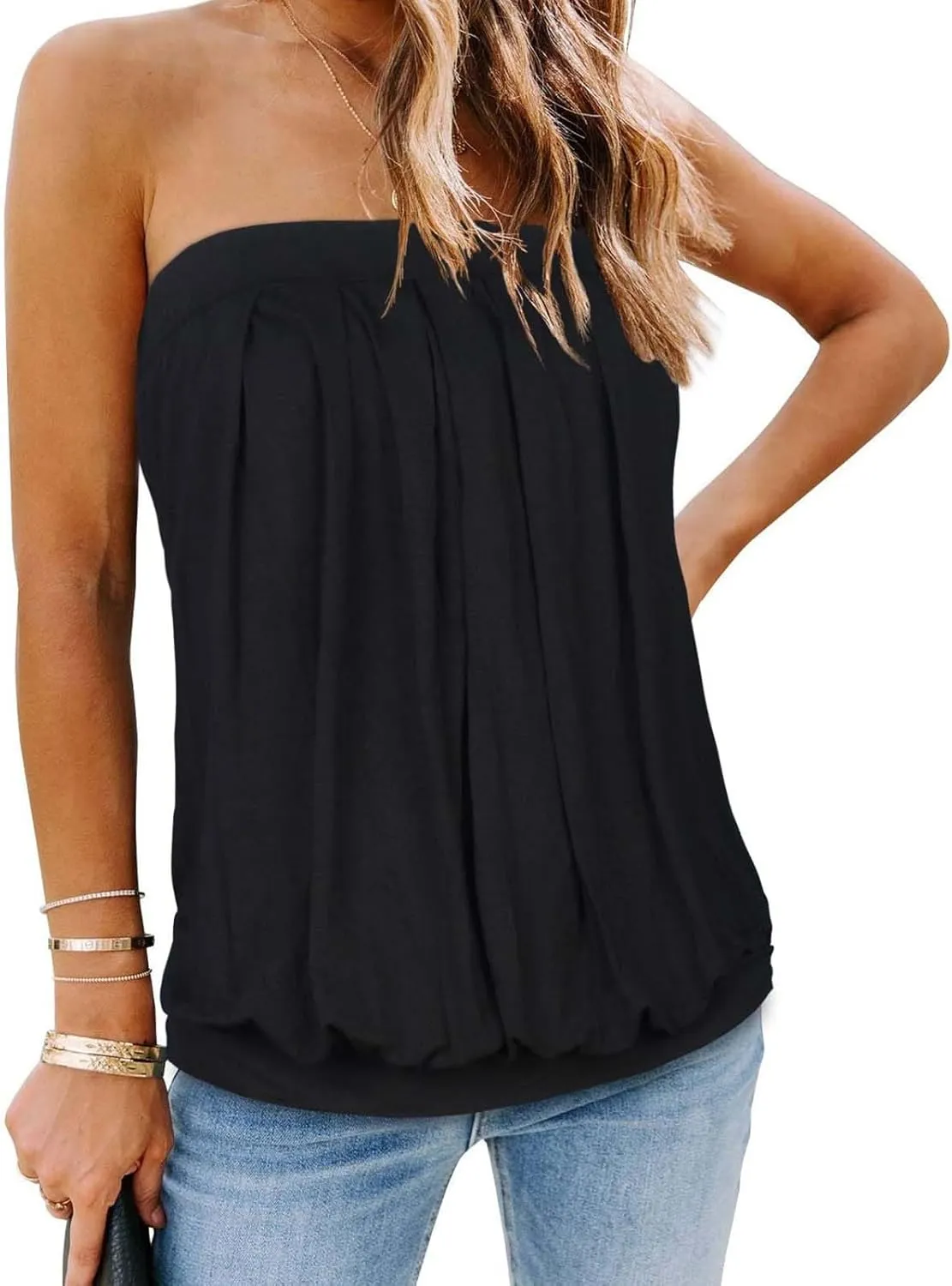 CHICGAL Women's Tube Tops Summer Casual Bandeau Tank Casual Strapless Blouse Off The Shoulder Tunic Shirts