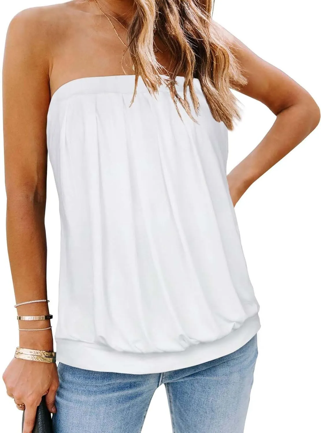 CHICGAL Women's Tube Tops Summer Casual Bandeau Tank Casual Strapless Blouse Off The Shoulder Tunic Shirts
