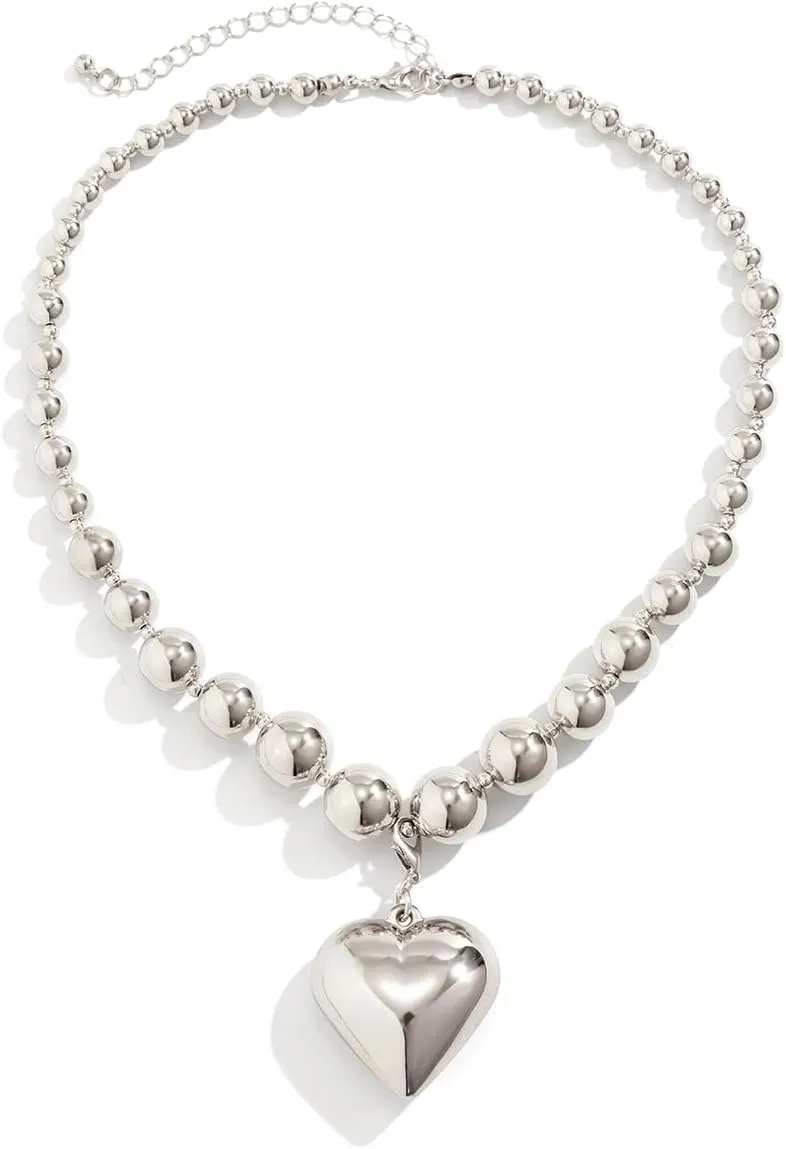 Chunky Choker Necklace for Women Gold Silver Heart Pendant Necklace Pearl Beads Necklace Punk Y2k Accessories Trendy Jewelry Gifts