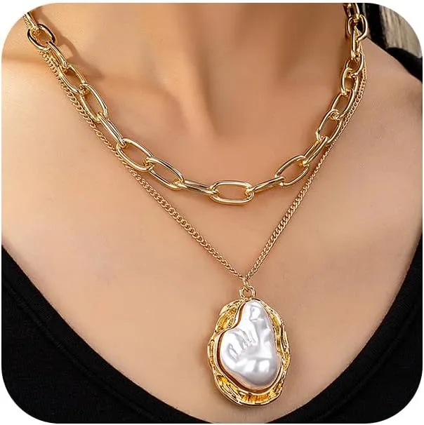 Chunky Gold Layered Irregular Pearl Pendant Necklaces Stack for Women Vintage, Statement Trendy Big Pearls Paperclip Chain Necklace Party Jewelry Gift