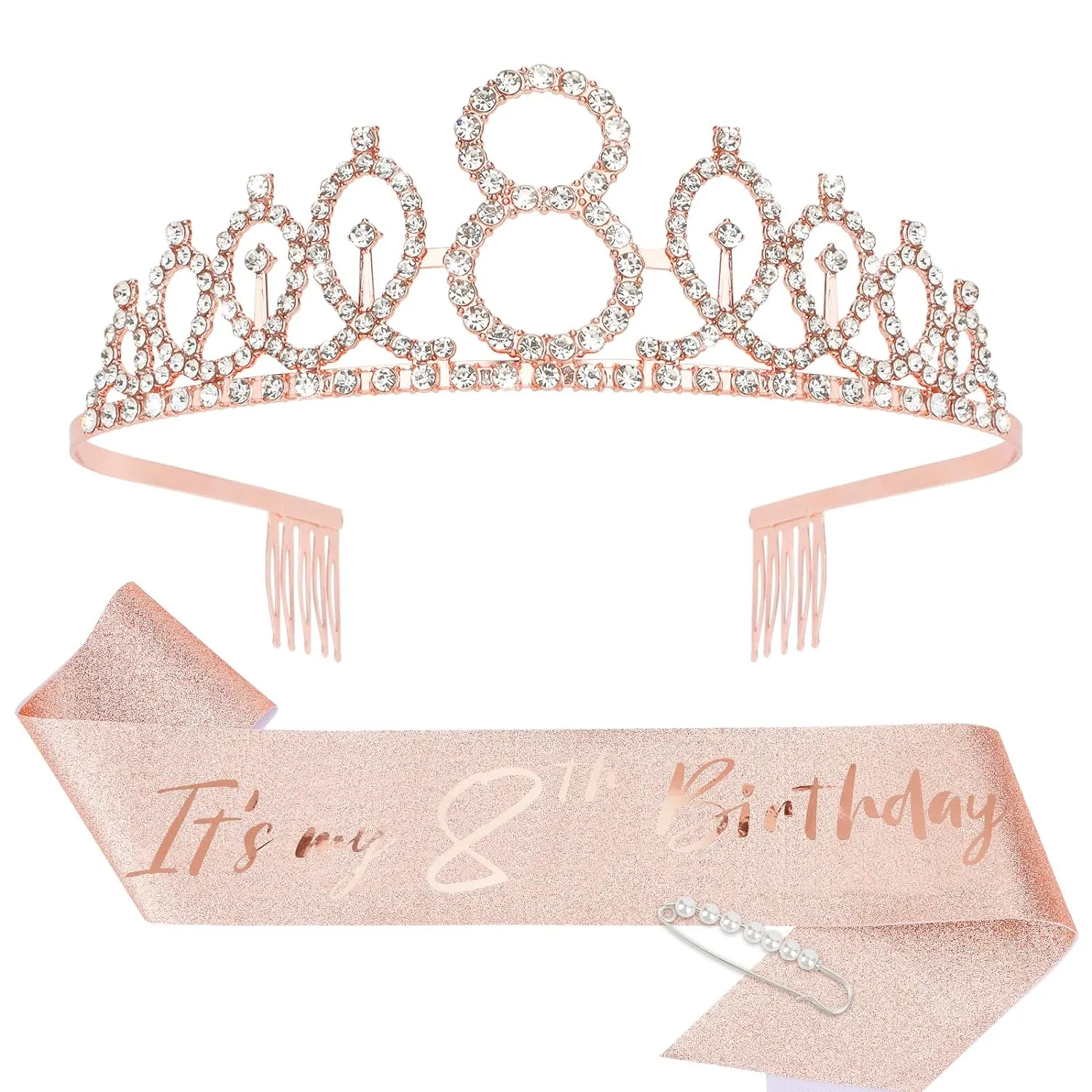 CIEHER 8th Birthday Crown   8th Birthday Sash   Pearl Pin Set, 8th Birthday Gifts for Girls It's My 8th Birthday Decorations Women Happy 8th Birthday Party Supplies