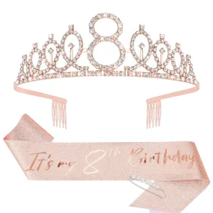 CIEHER 8th Birthday Crown   8th Birthday Sash   Pearl Pin Set, 8th Birthday Gifts for Girls It's My 8th Birthday Decorations Women Happy 8th Birthday Party Supplies