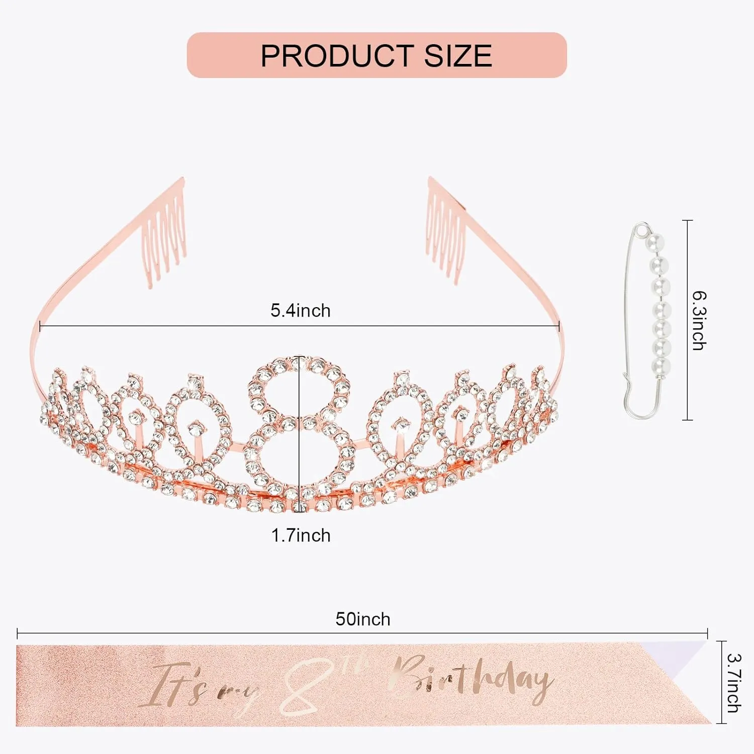 CIEHER 8th Birthday Crown   8th Birthday Sash   Pearl Pin Set, 8th Birthday Gifts for Girls It's My 8th Birthday Decorations Women Happy 8th Birthday Party Supplies