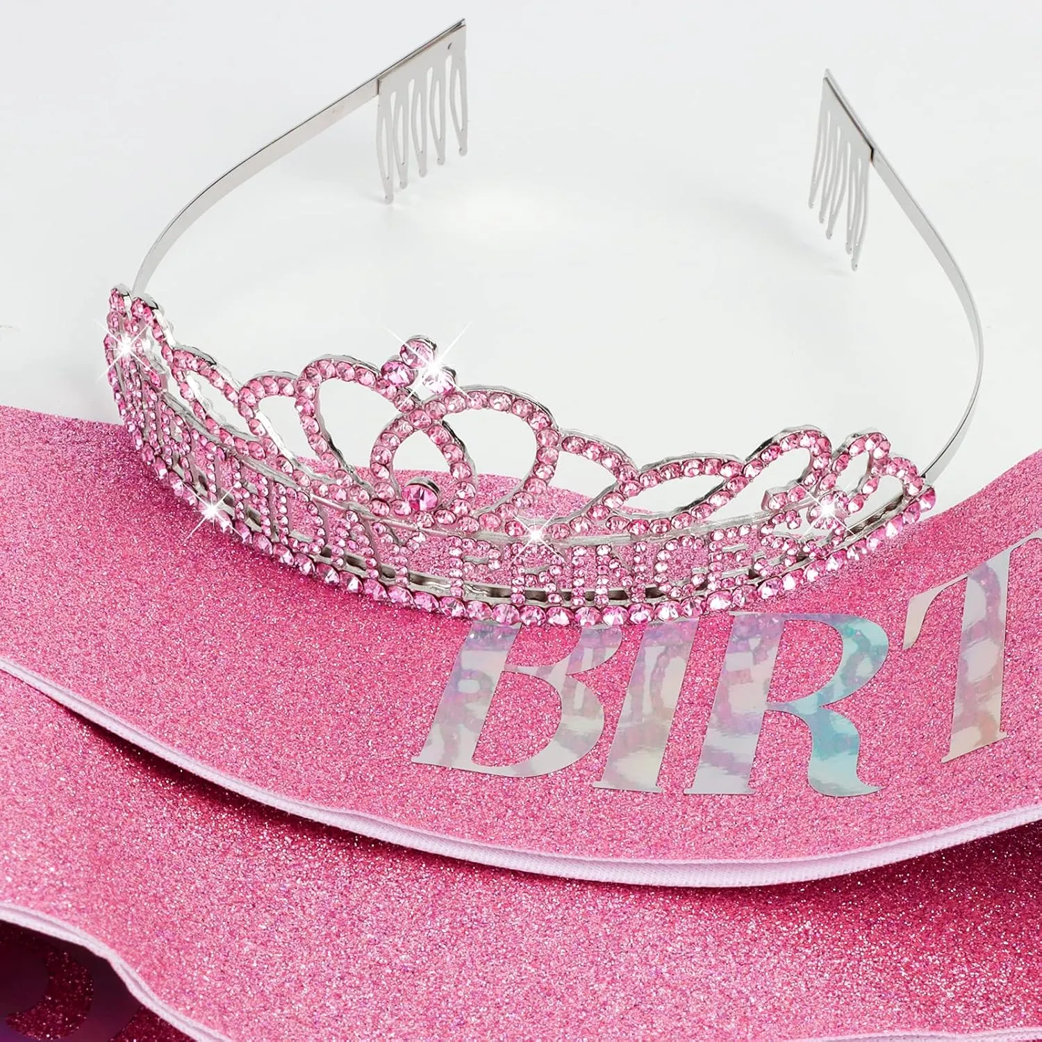 CIEHER Pink Princess Birthday Crown and Birthday Sash Set, Birthday Girl Crown Birthday Tiara for Women Birthday Decorations for Girls Rhinestone Princess Party Decorations Birthday Gifts