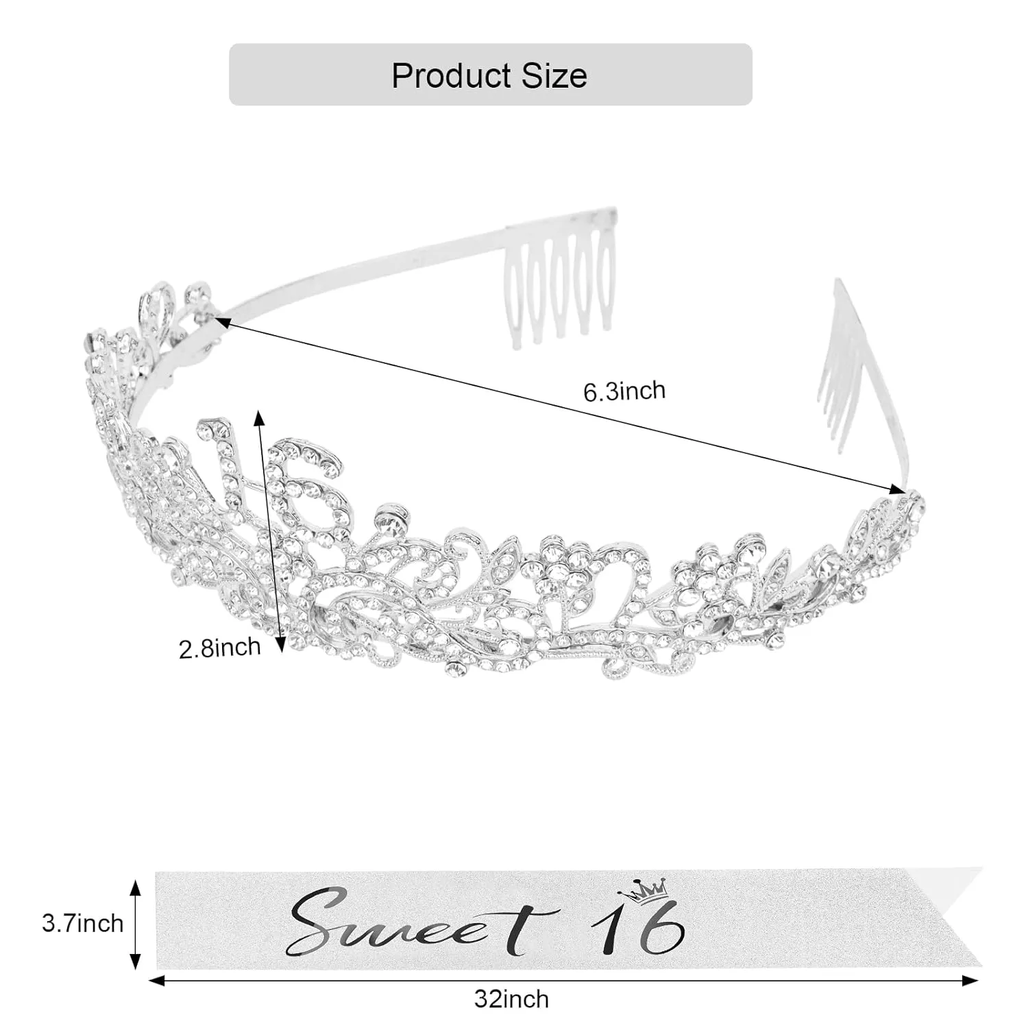 CIEHER Sweet 16 Crown   Sweet 16 Sash   Pearl Pin Set, Sweet 16 Birthday Decorations for Girls, Sweet Sixteen Gifts, 16th Birthday Sash and Crown for Girls Happy 16th Birthday Party Favors