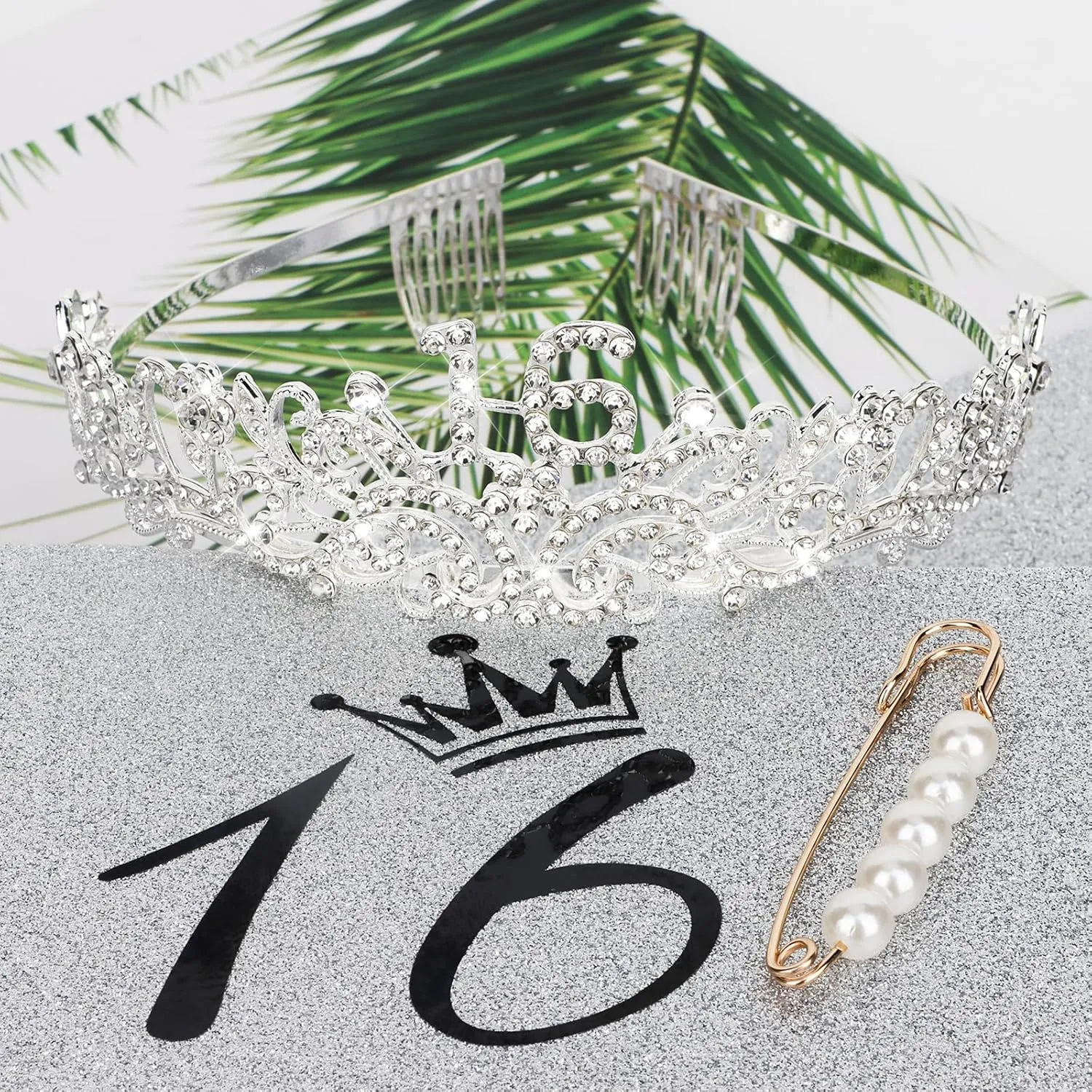 CIEHER Sweet 16 Crown   Sweet 16 Sash   Pearl Pin Set, Sweet 16 Birthday Decorations for Girls, Sweet Sixteen Gifts, 16th Birthday Sash and Crown for Girls Happy 16th Birthday Party Favors
