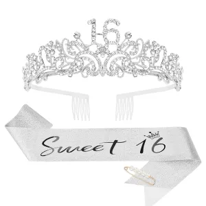 CIEHER Sweet 16 Crown   Sweet 16 Sash   Pearl Pin Set, Sweet 16 Birthday Decorations for Girls, Sweet Sixteen Gifts, 16th Birthday Sash and Crown for Girls Happy 16th Birthday Party Favors