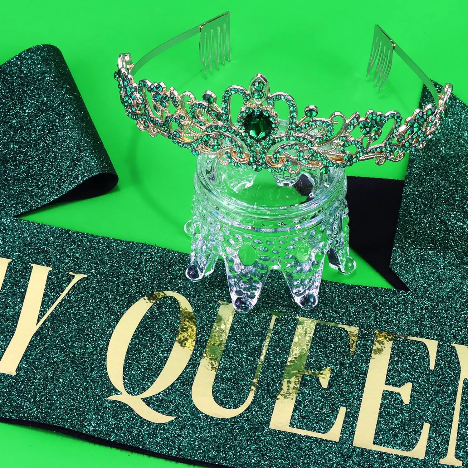 COCIDE Birthday Sash for Women Happy Birthday Crown Tiaras for Women Queen Princess Headband for Party Decoration Girl Green and Gold Sahes Hair Accessories Favors Gift