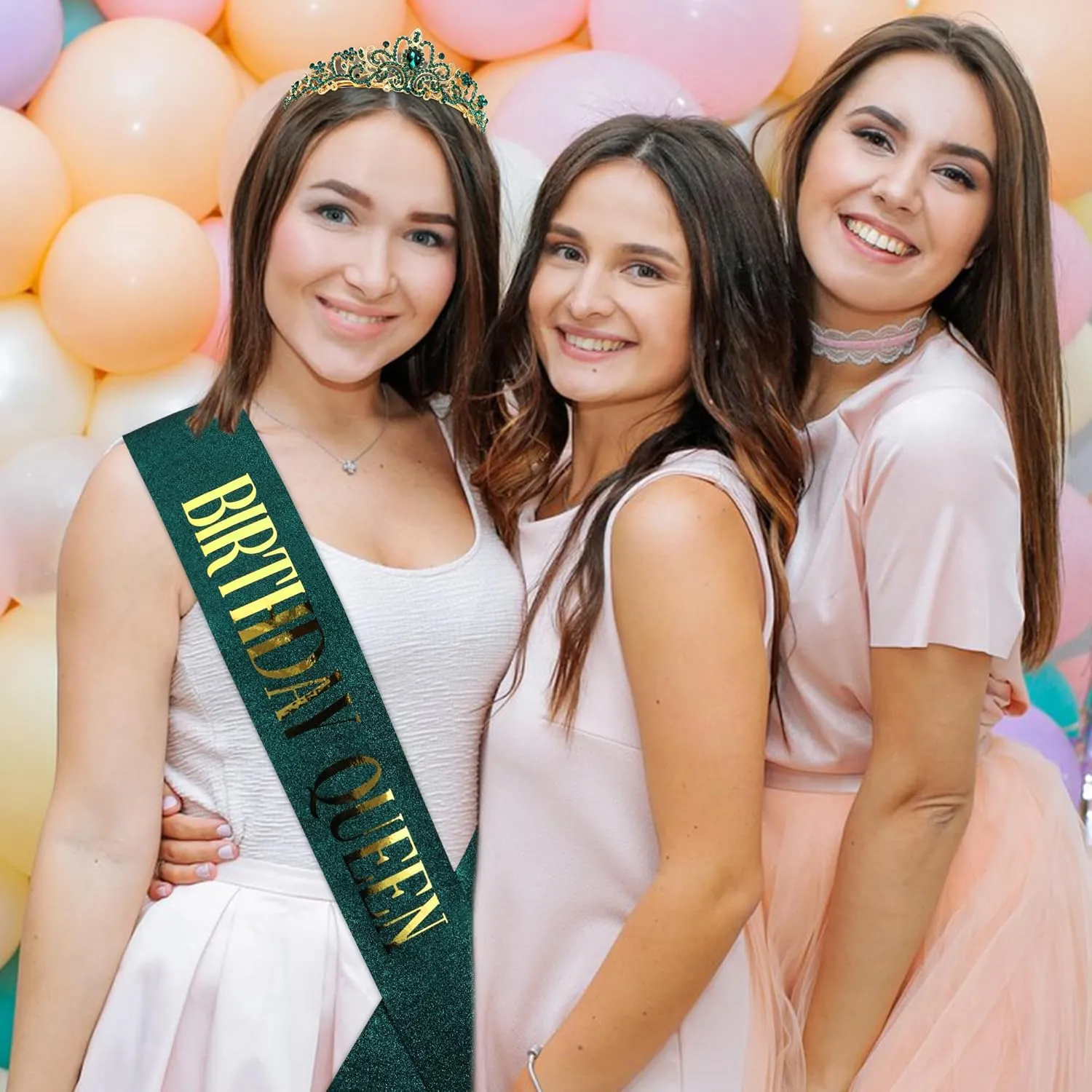 COCIDE Birthday Sash for Women Happy Birthday Crown Tiaras for Women Queen Princess Headband for Party Decoration Girl Green and Gold Sahes Hair Accessories Favors Gift