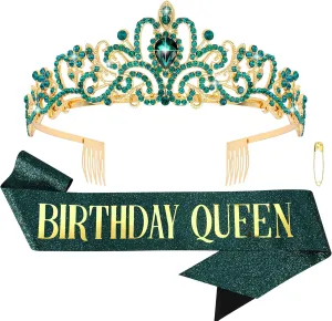 COCIDE Birthday Sash for Women Happy Birthday Crown Tiaras for Women Queen Princess Headband for Party Decoration Girl Green and Gold Sahes Hair Accessories Favors Gift