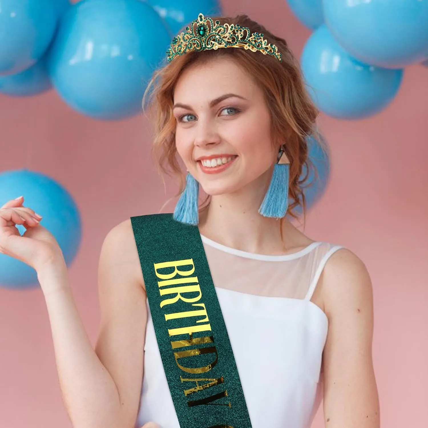 COCIDE Birthday Sash for Women Happy Birthday Crown Tiaras for Women Queen Princess Headband for Party Decoration Girl Green and Gold Sahes Hair Accessories Favors Gift