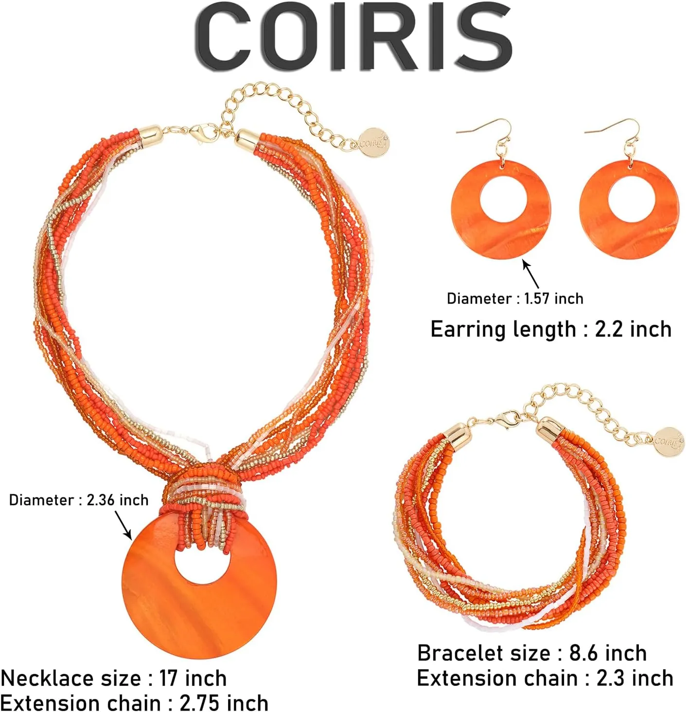 Coiris Multi Strand Statement Colorful Beaded Necklace with Big Circle Shell Pendant for Women