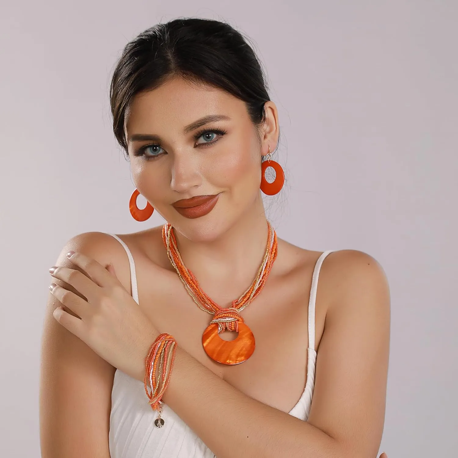 Coiris Multi Strand Statement Colorful Beaded Necklace with Big Circle Shell Pendant for Women