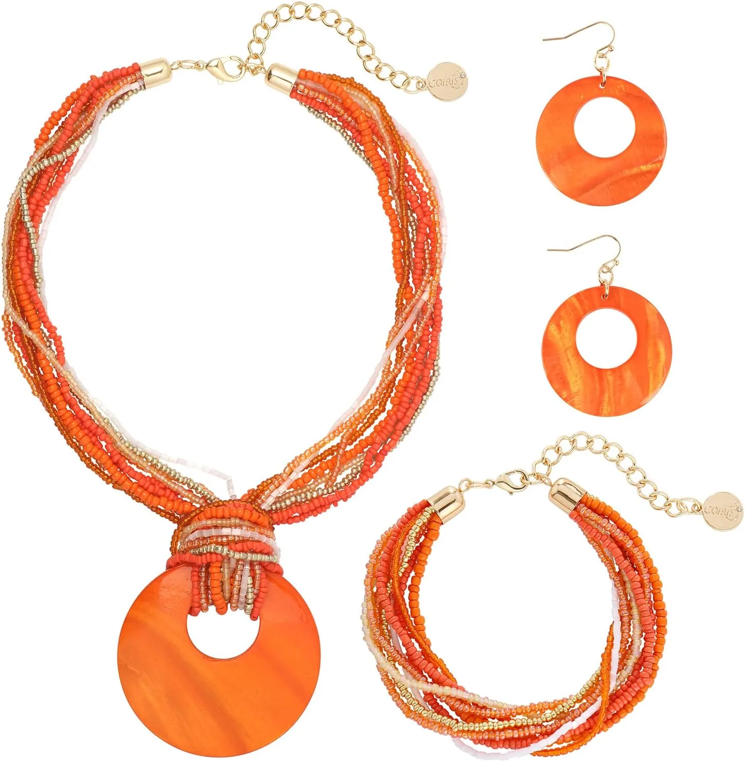 Coiris Multi Strand Statement Colorful Beaded Necklace with Big Circle Shell Pendant for Women