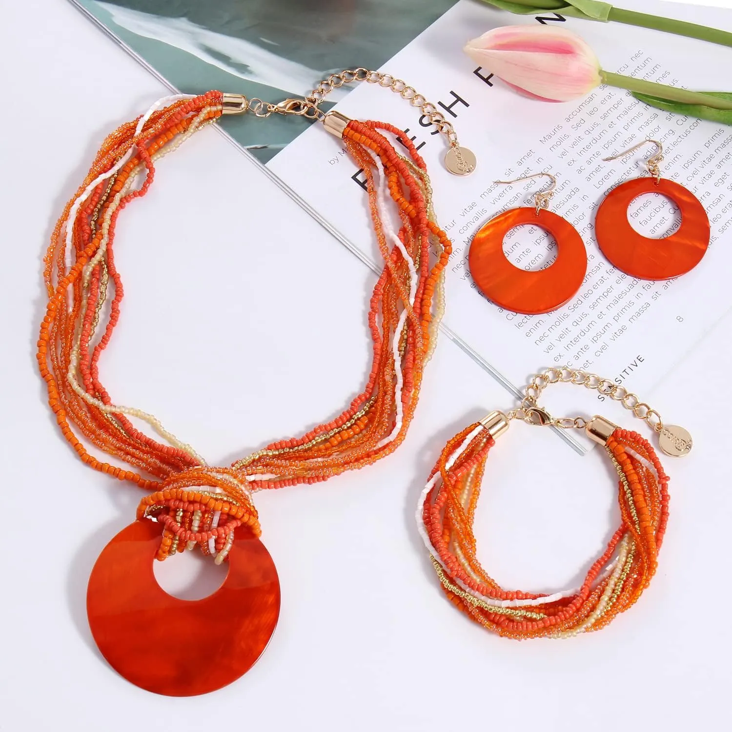 Coiris Multi Strand Statement Colorful Beaded Necklace with Big Circle Shell Pendant for Women