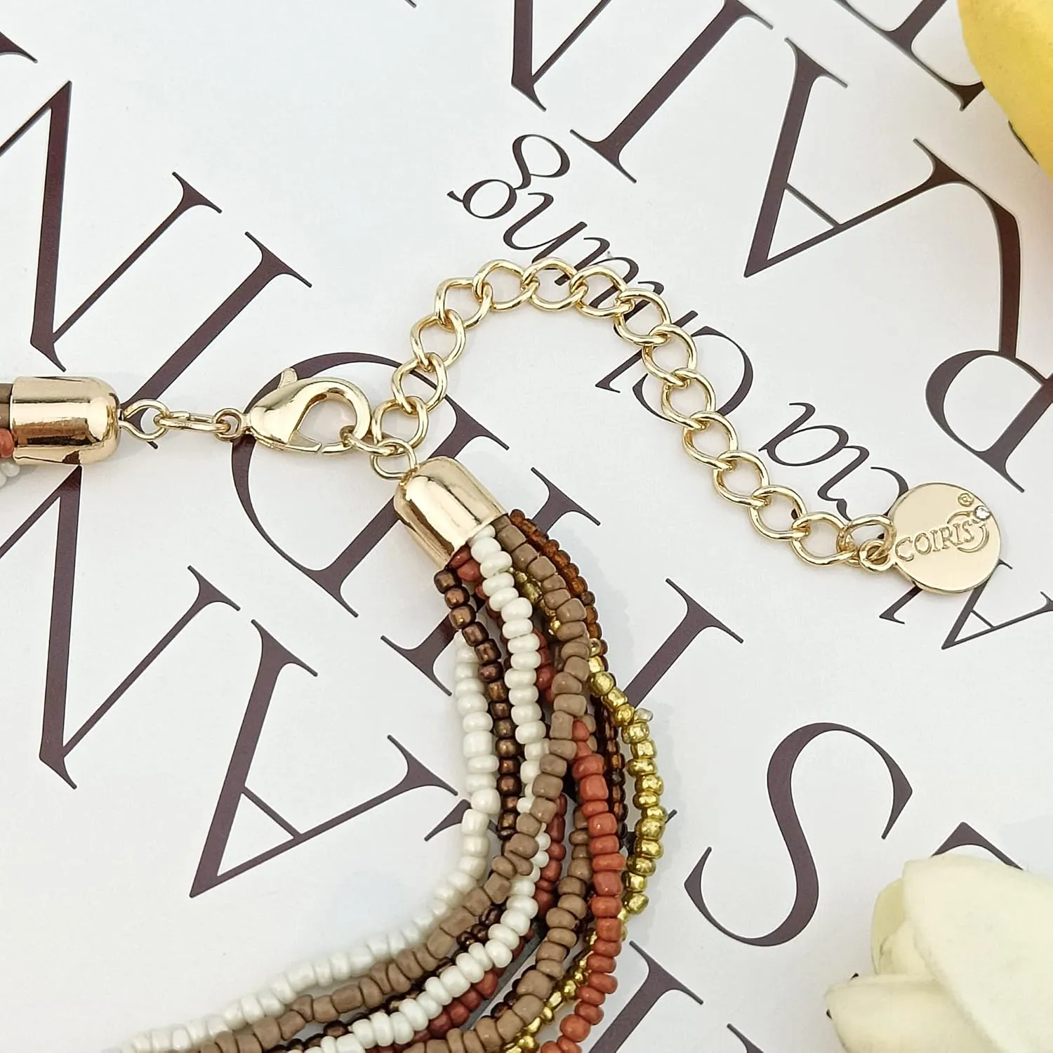 Coiris Multi Strand Statement Colorful Beaded Necklace with Big Circle Shell Pendant for Women