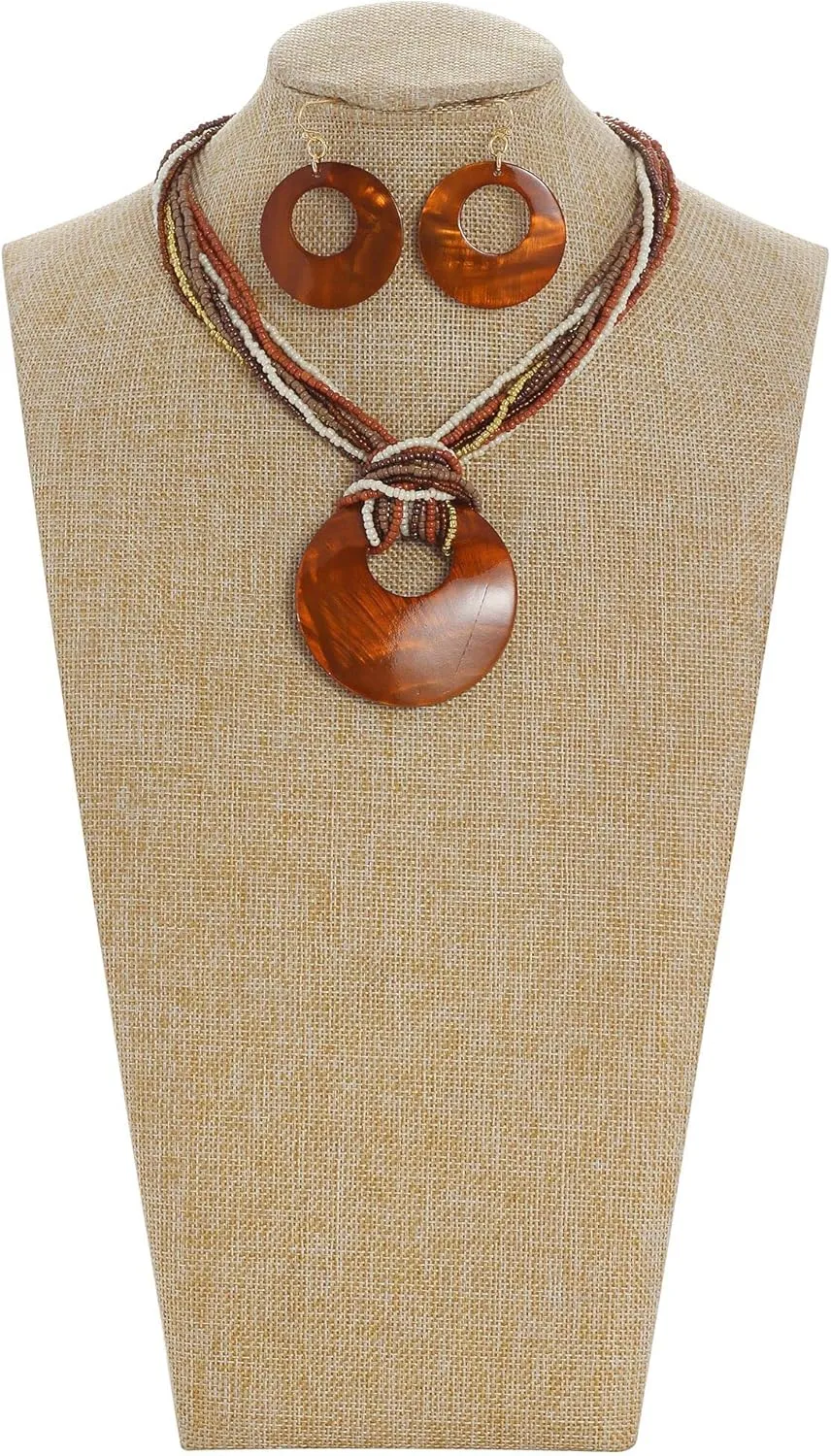 Coiris Multi Strand Statement Colorful Beaded Necklace with Big Circle Shell Pendant for Women