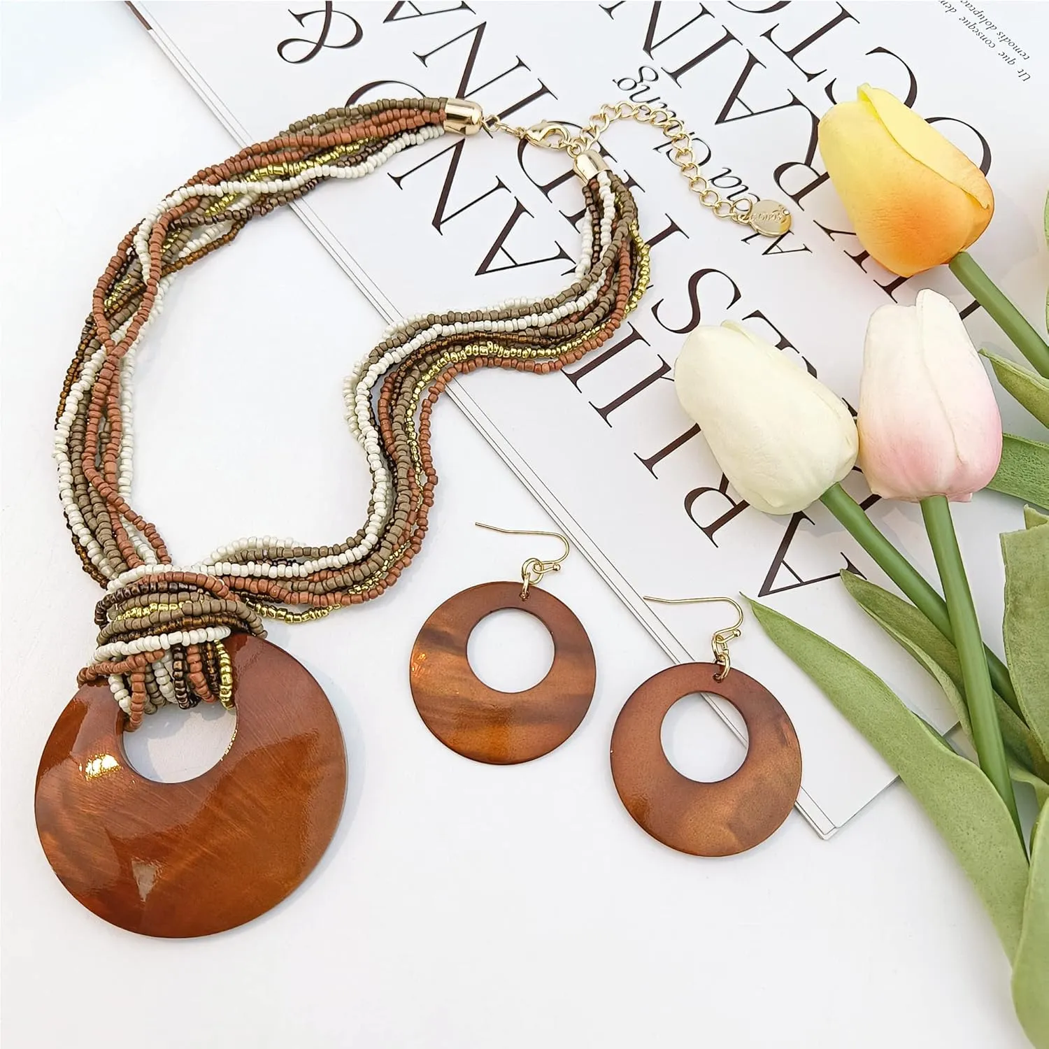 Coiris Multi Strand Statement Colorful Beaded Necklace with Big Circle Shell Pendant for Women