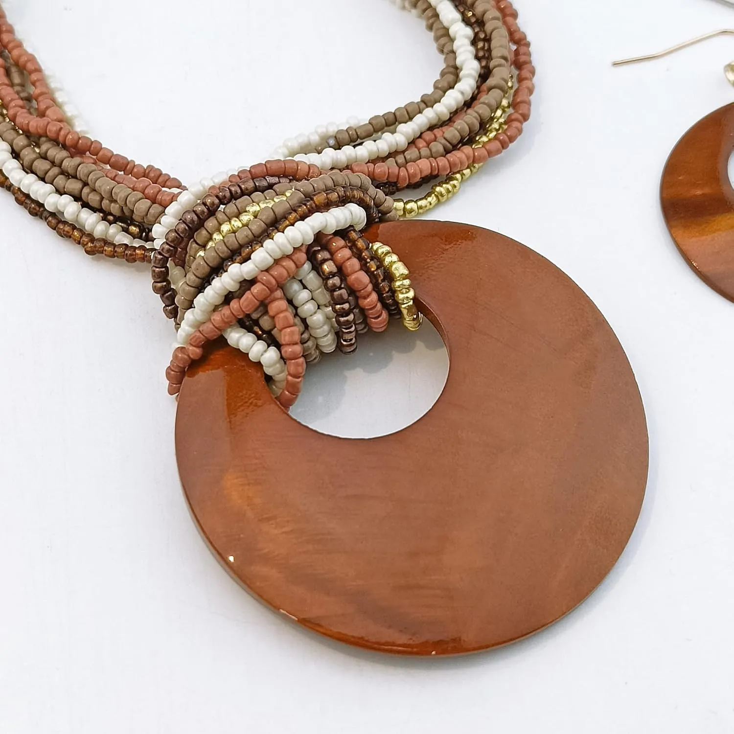 Coiris Multi Strand Statement Colorful Beaded Necklace with Big Circle Shell Pendant for Women