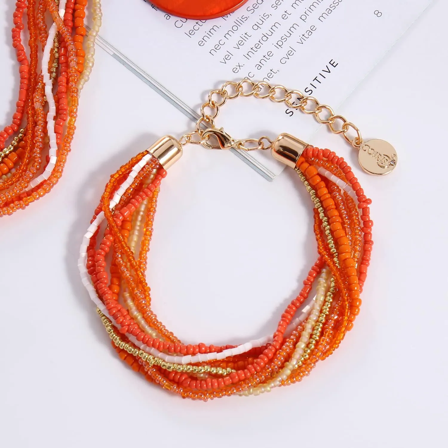 Coiris Multi Strand Statement Colorful Beaded Necklace with Big Circle Shell Pendant for Women