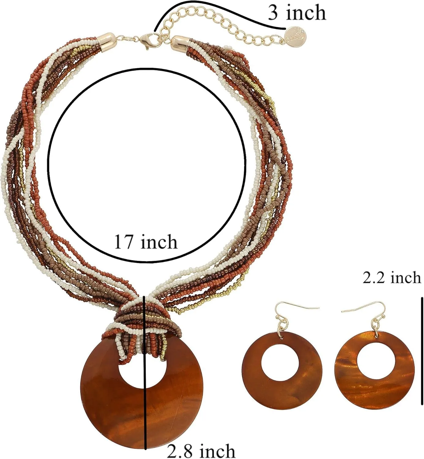Coiris Multi Strand Statement Colorful Beaded Necklace with Big Circle Shell Pendant for Women