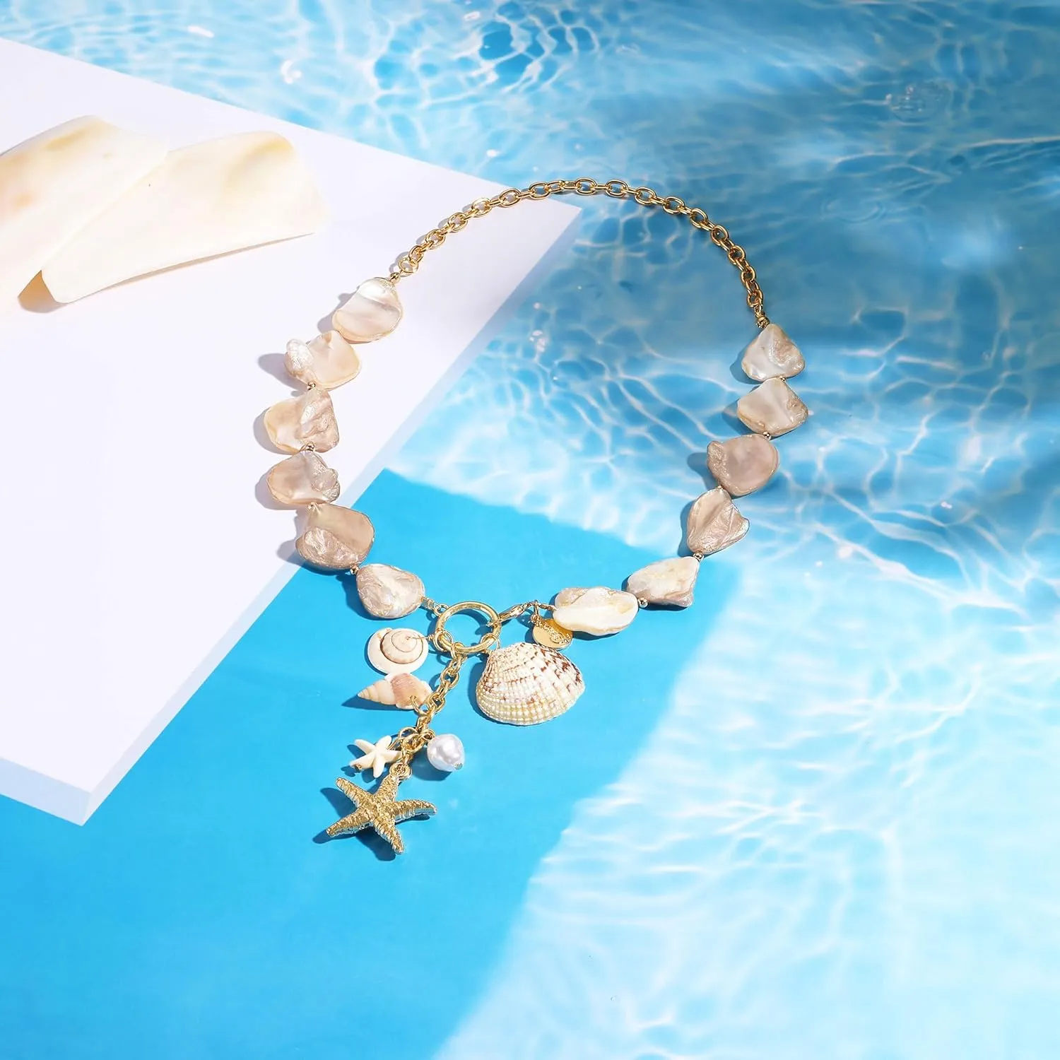 Coiris Starfish Seashell Necklace for Women Pearl Shell Natural Summer Beach Jewelry for Women(N0134-Pearl)