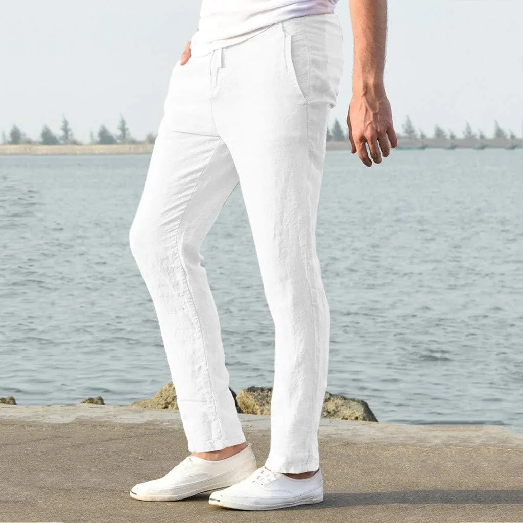 Cotton Men's Casual Pants Lightweight Elastic Drawstring Breathable Relaxed Straight Daily Travel Summer Trousers
