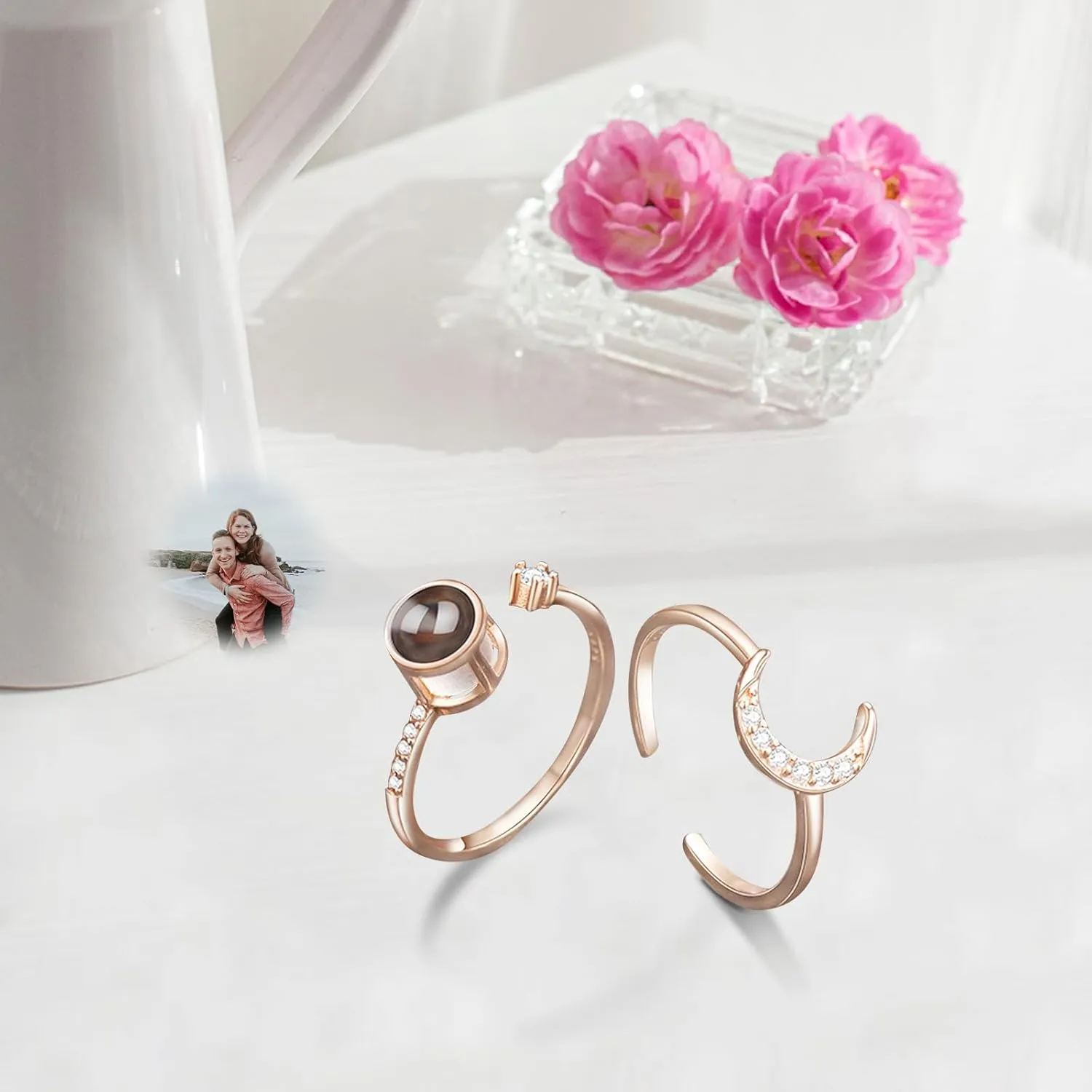 Couple rings, best friend rings, love rings, adjustable sterling silver projection rings, gifts (Style 2-Rose Gold)