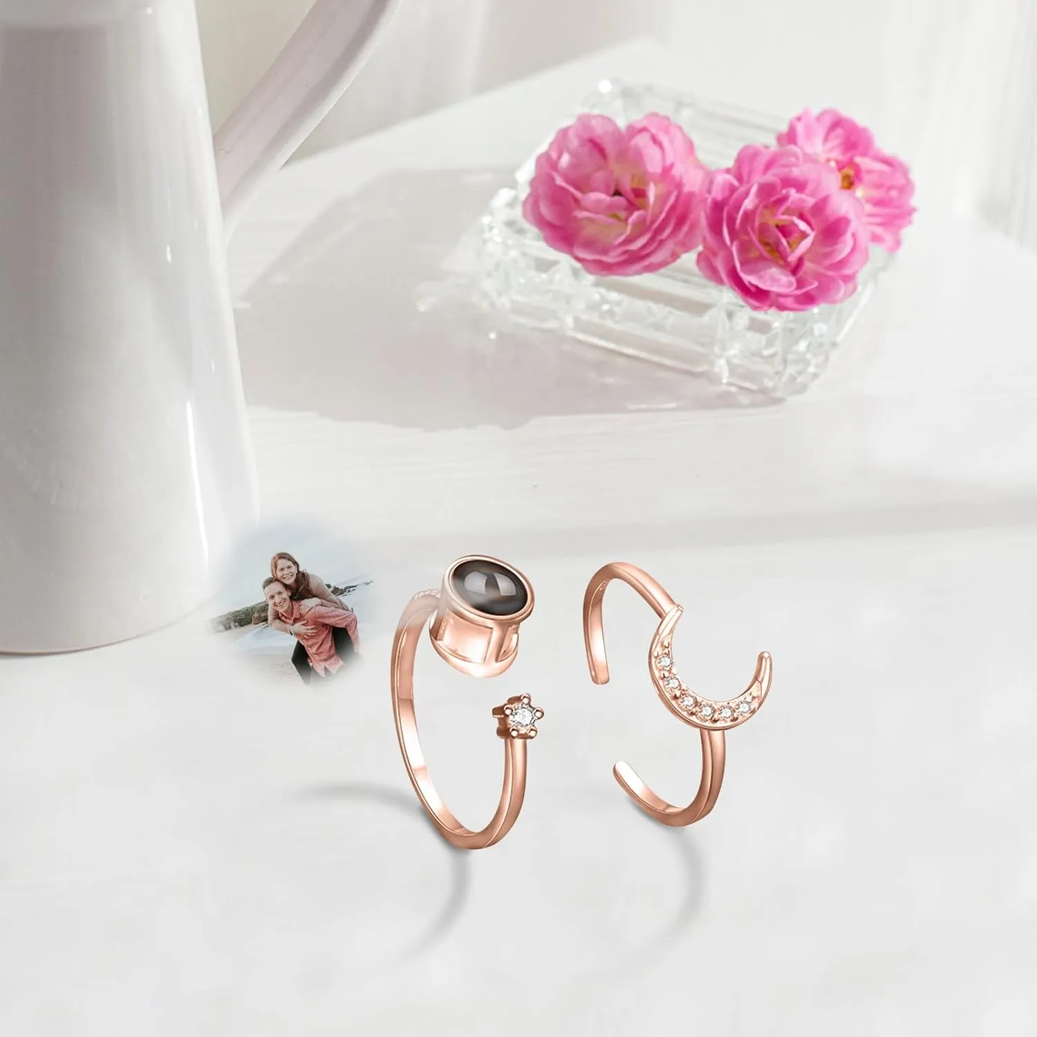 Couple rings, best friend rings, love rings, adjustable sterling silver projection rings, gifts (Style 2-Rose Gold)