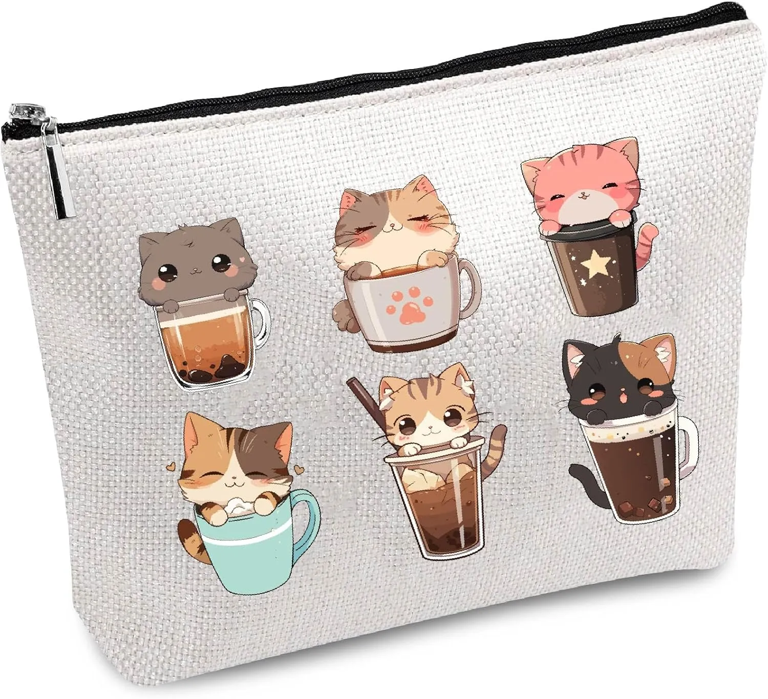 CREATCABIN Cat Makeup Bag Canvas Cosmetic Bag Multi Purpose Pen Case Zipper Toiletry Travel Bag Case Purse Pouches Portable Survival Kit for Women Coffee Boba Tea Bubble Tea Lover Gifts 10x7Inch