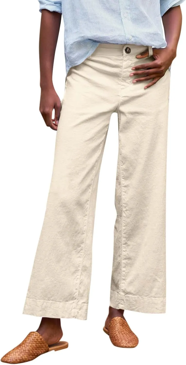 Cropped Wide Leg Pants for Women Business Casual High Waist Linen Pants Elastic Office Button Down Flare Work Trousers