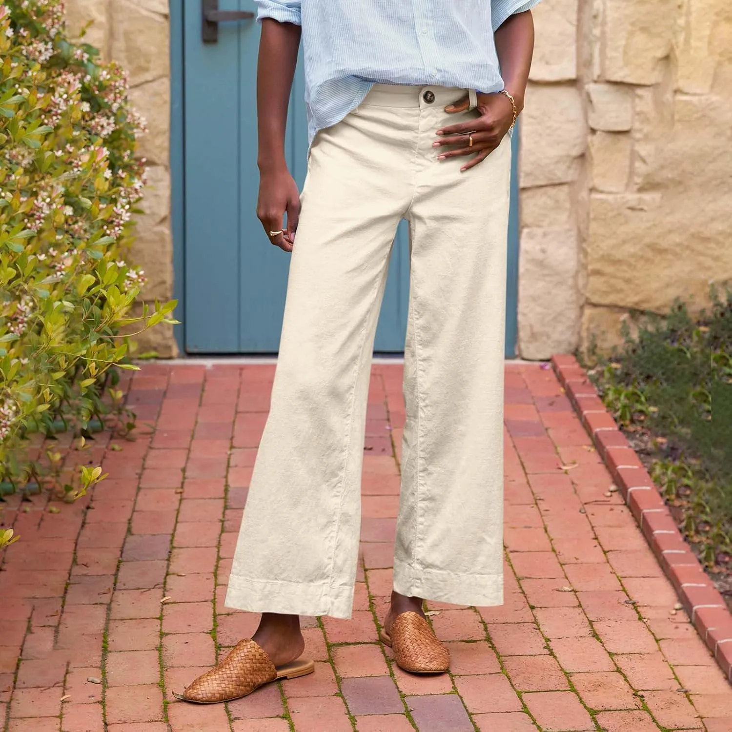 Cropped Wide Leg Pants for Women Business Casual High Waist Linen Pants Elastic Office Button Down Flare Work Trousers