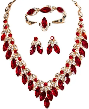 Crystal Rhinestone Bridal Jewelry Set, 4 Pieces, Necklace Earrings Bracelet Ring, Floral Statement Design
