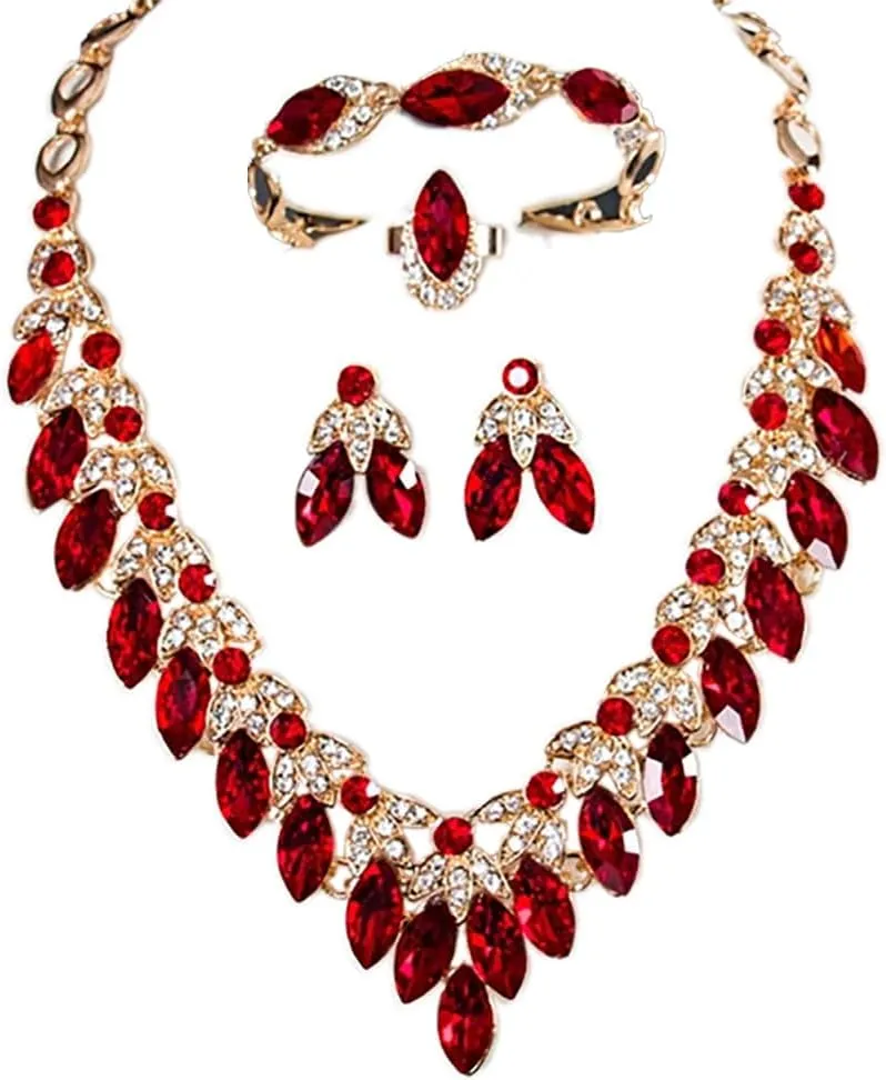 Crystal Rhinestone Bridal Jewelry Set, 4 Pieces, Necklace Earrings Bracelet Ring, Floral Statement Design
