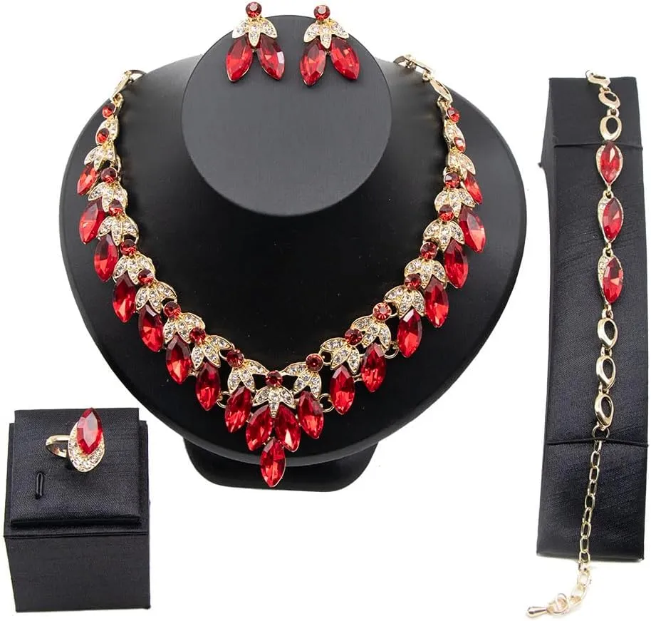 Crystal Rhinestone Bridal Jewelry Set, 4 Pieces, Necklace Earrings Bracelet Ring, Floral Statement Design