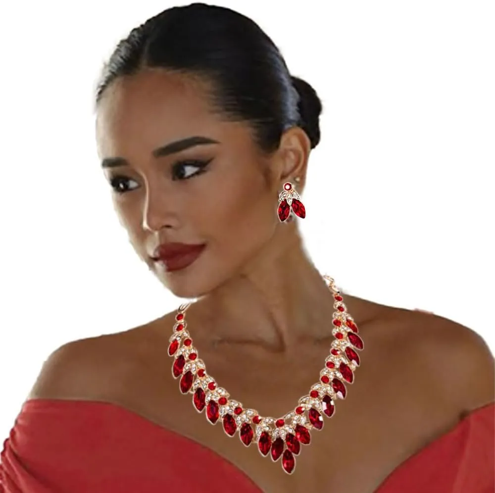 Crystal Rhinestone Bridal Jewelry Set, 4 Pieces, Necklace Earrings Bracelet Ring, Floral Statement Design