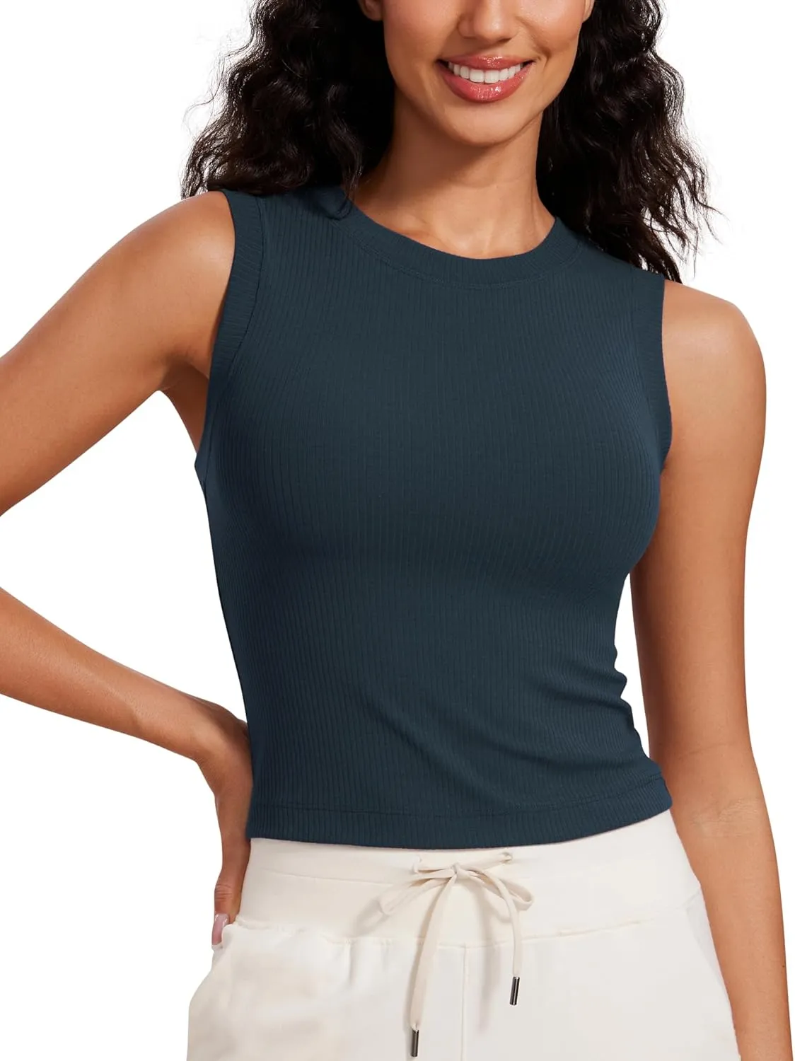 CRZ YOGA Womens Ribbed High Neck Tanks Sleeveless Fitted Basic Tops Going Out Casual Yoga Workout Shirts