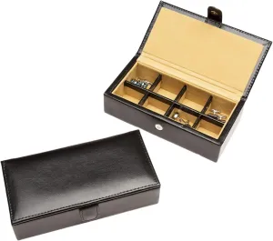 Cuff-Daddy Leather Travel Cufflinks and Rings Storage Box Case for 8 Pairs - Cufflinks Holder Display Jewelry Case - 6 1/4" x 1" x 3" - Storage Cuff Links Jewelry Box with White Outerbox