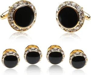 Cuff-Daddy Men's Black Enamel and Crystal Gold Cufflinks and Studs Tuxedo Formal Set - 3/4" cufflinks and 3/8" studs Crystal Cufflinks and Studs with Protective Travel Box for Weddings