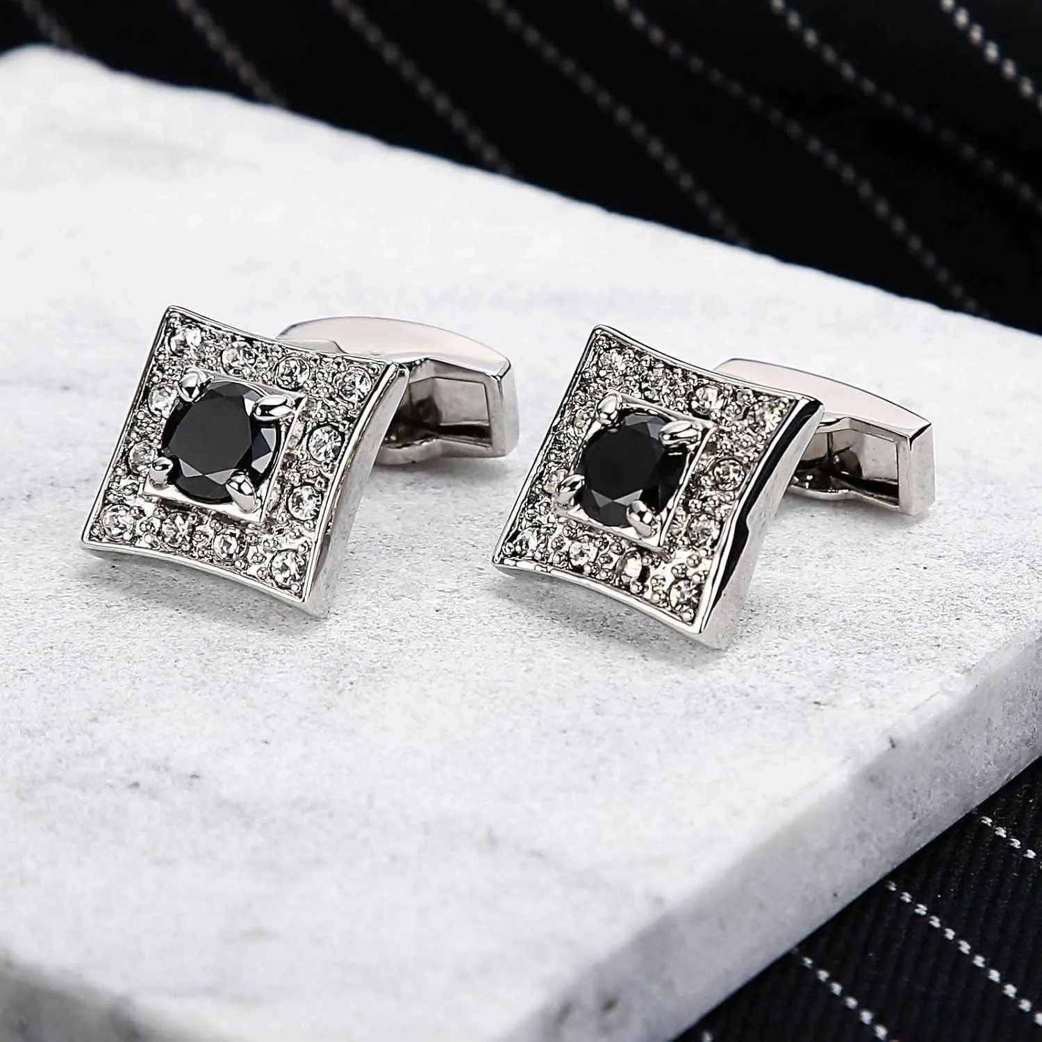 Cufflink Shirts, Black Cufflinks Mens Cubic Zirconia Stainless Steel Square Round for Man Business Wedding