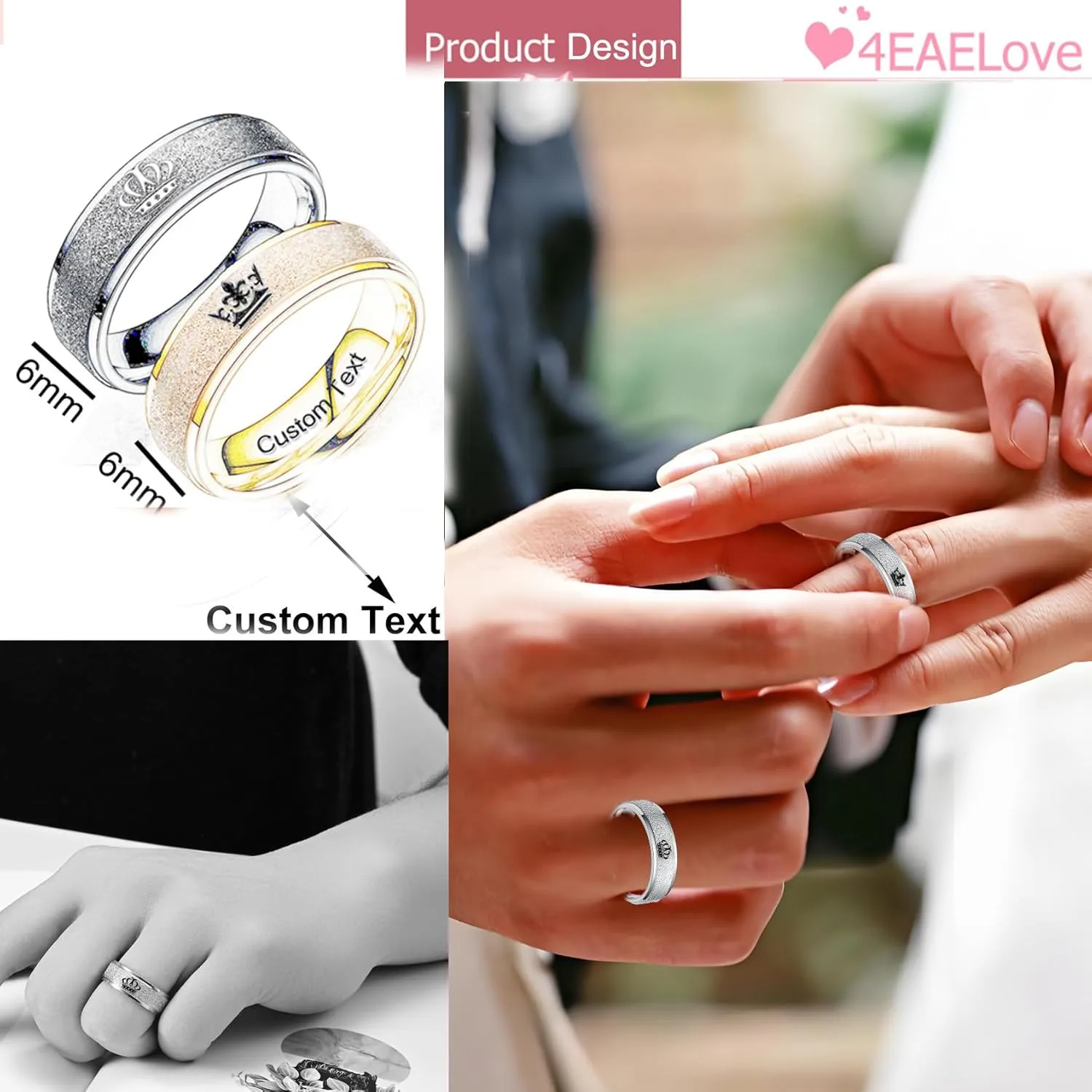 Customize Crown Couples Rings Her King His Queen Promise Ring Inside Can Engraved Band Rings Wedding Rings Titanium Stainless Steel 8mm 6mm 6-13#