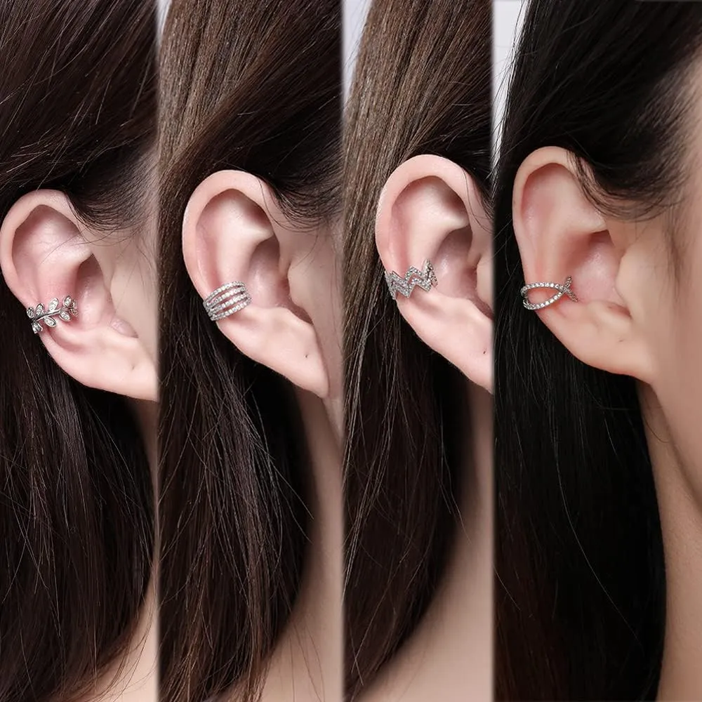 Cz Paved Leaf Vine Wave Criss Cross Ear Cuffs Earrings Cubic Zirconia Silver Gold Non Pierced Cartilage Conch Earrings