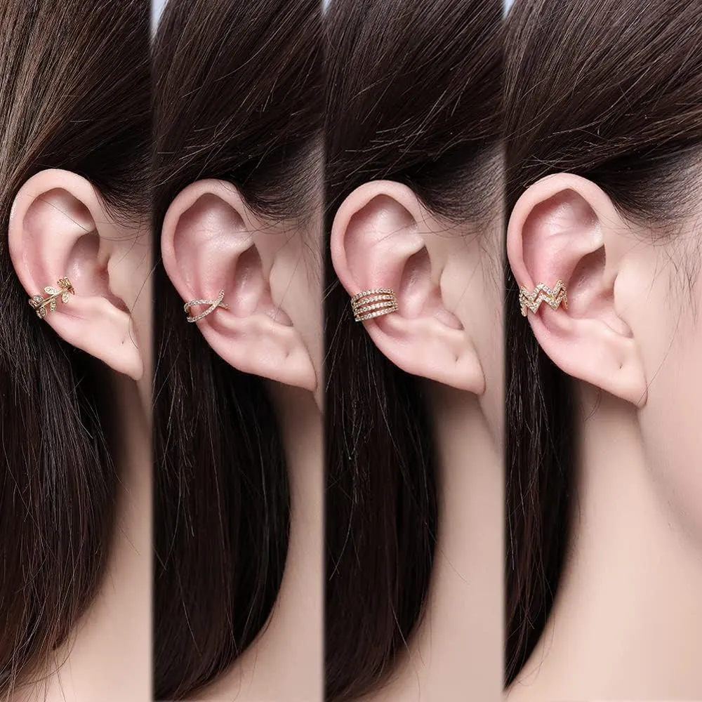 Cz Paved Leaf Vine Wave Criss Cross Ear Cuffs Earrings Cubic Zirconia Silver Gold Non Pierced Cartilage Conch Earrings
