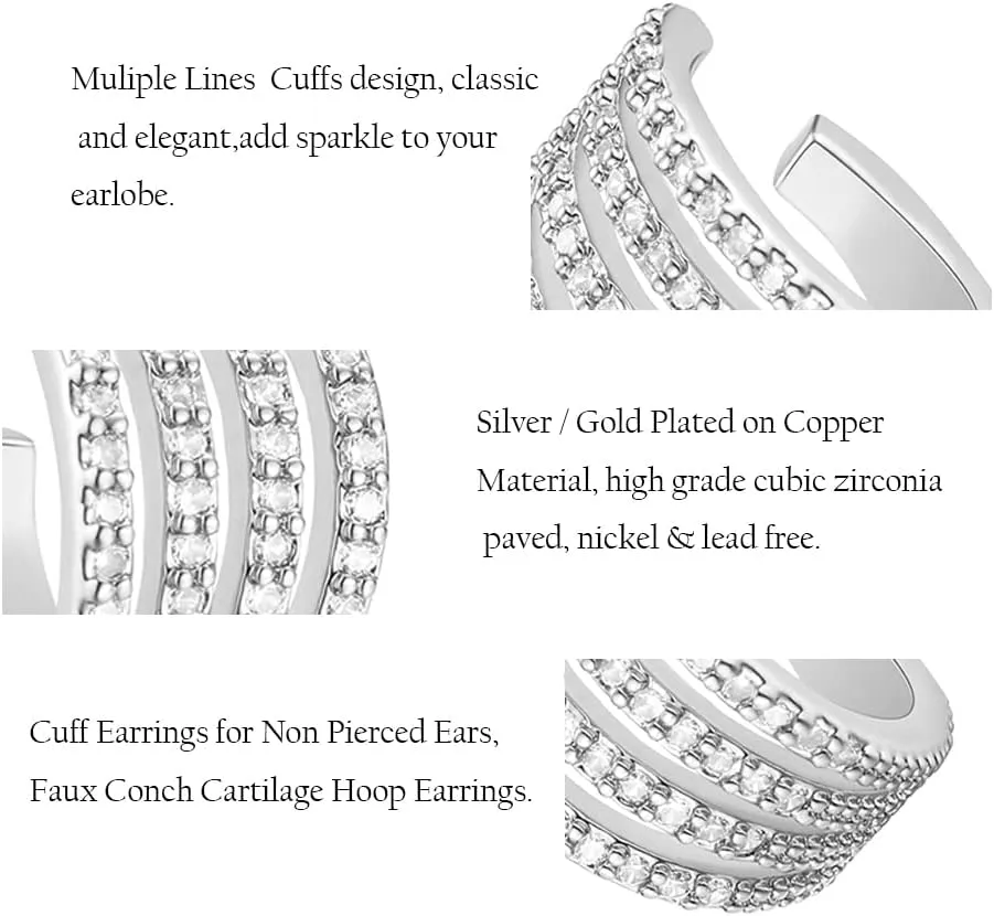 Cz Paved Leaf Vine Wave Criss Cross Ear Cuffs Earrings Cubic Zirconia Silver Gold Non Pierced Cartilage Conch Earrings