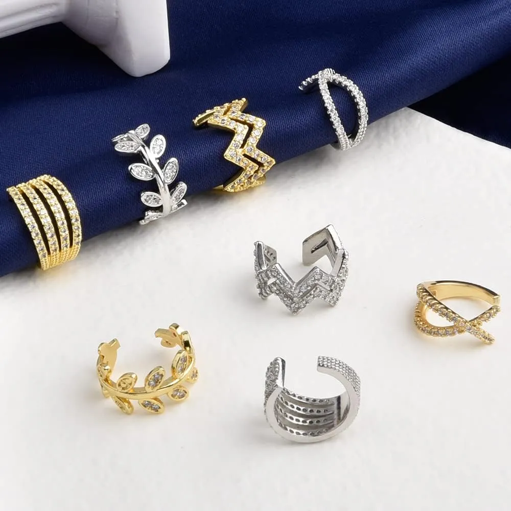 Cz Paved Leaf Vine Wave Criss Cross Ear Cuffs Earrings Cubic Zirconia Silver Gold Non Pierced Cartilage Conch Earrings
