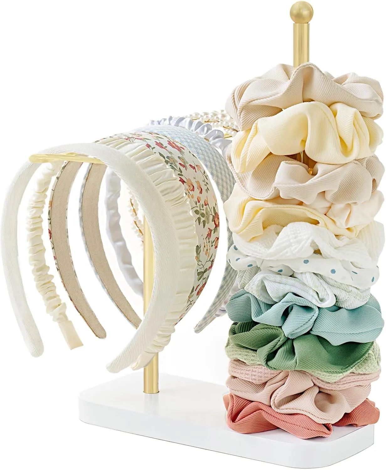 Dahey Headband Scrunchie Holder Metal 2-Tier Hair Accessories Organizer Display Stand Storage Ropes Bracelets Bangles for Girls Women Bedroom College Dorm Vanity Decor, Gold