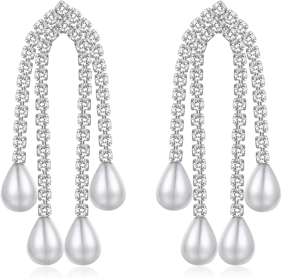 Dainty Crystal Pearl Earrings 925 Sterling Silver Post Tassel Drop Pearl Dangle Earring for Bride Bridesmaid Wedding Party Prom
