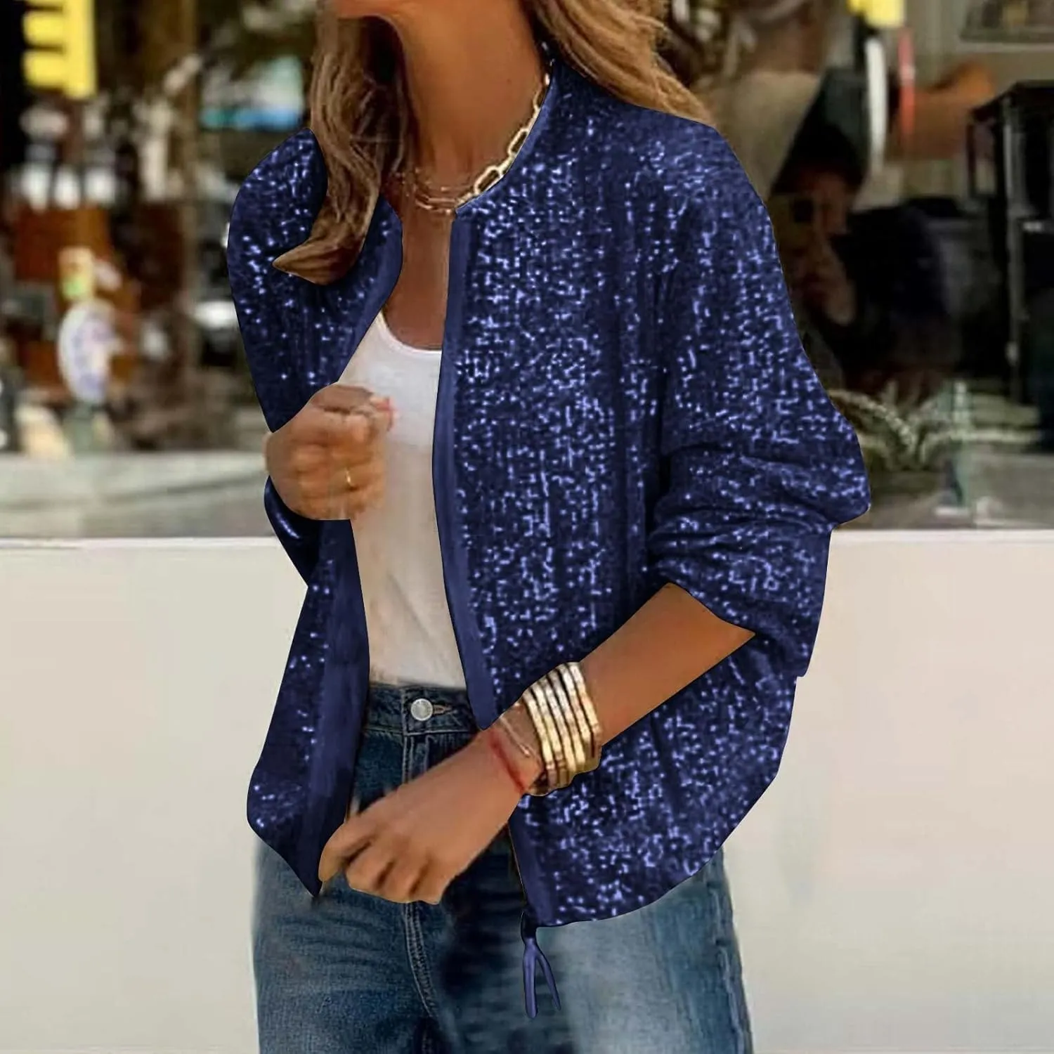 DDAPJ pyju Womens Sequin Jacket Shiny Glitter Sparkly Bomber Jackets Long Sleeve Zip Up Coats 2025 Fashion Party Clubwear